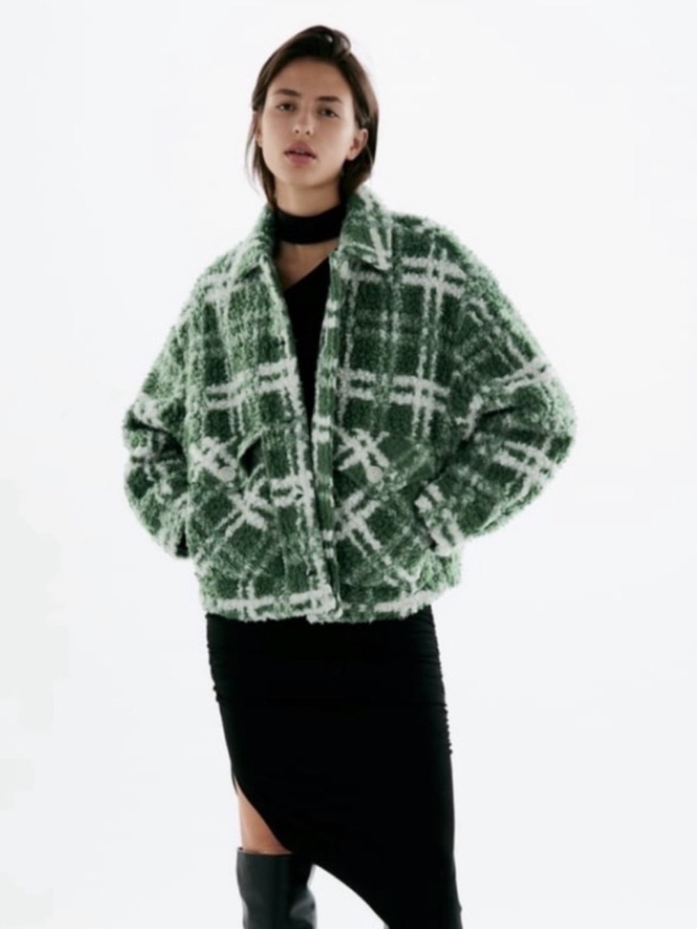 ZARA Green & White Combination Plaid - Fleece Oversized Jacket Sz. SMALL